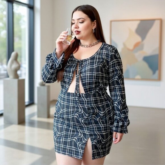 Plaid Long-Sleeve Cutout Top & Mini Skirt Set by Poster Grl – Museum Mischief 2X - Picture 1 of 3
